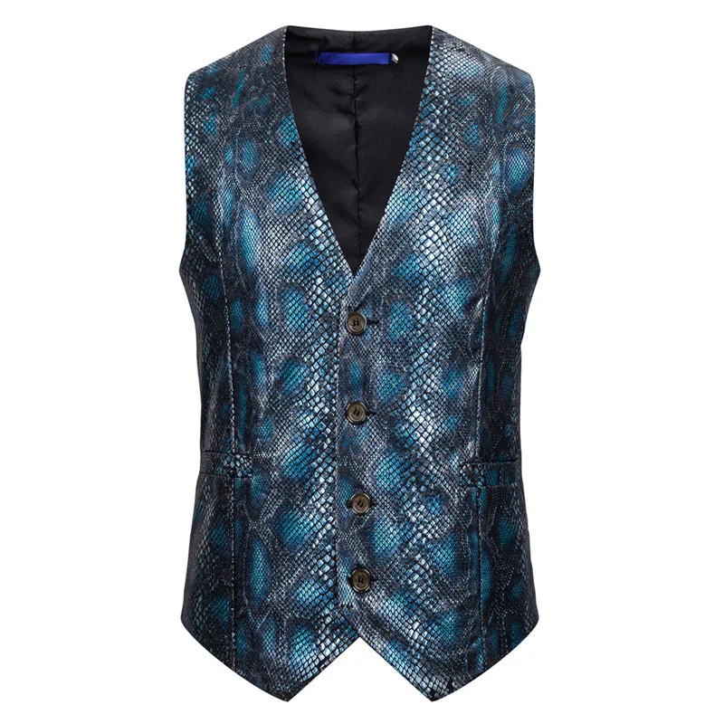 
Новая модная мужская однобортный жилет для мужчин под змеиную кожу; Жилет с принтом 