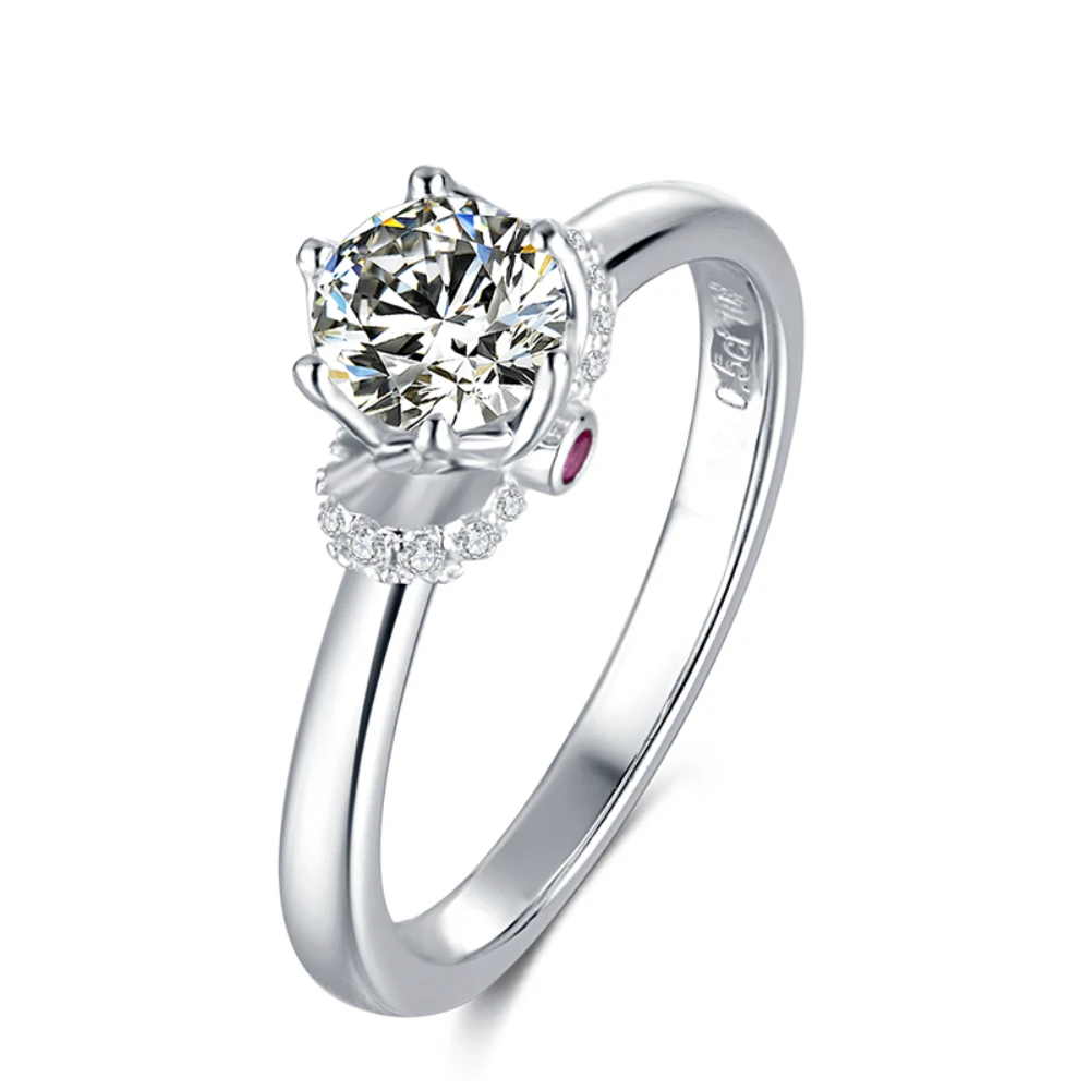 925 Sterling Silver 1ct Center Moissanite Stone 6 Prong Solitaire Engagement Ring with Red Ruby Accents