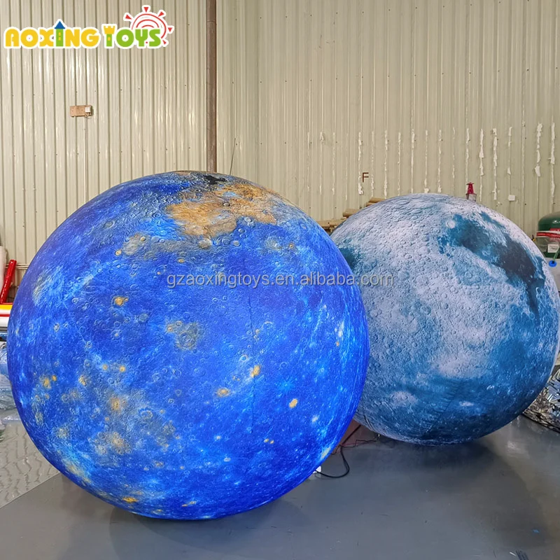 Custom Pattern Logo Advertising Decoration Inflatable Blue Moon Balloon With Led Light For Stage Shopping  Mall Events