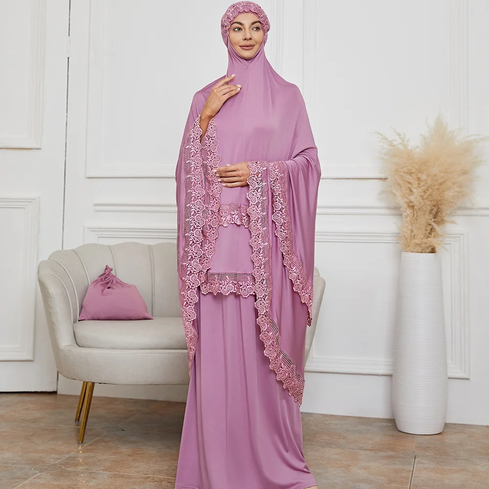 Pink Embroidery Lace Women Islamic Clothing Two-piece Dresses Women Muslim Elastic Waist Indonesia Traditional Muslim Clothing