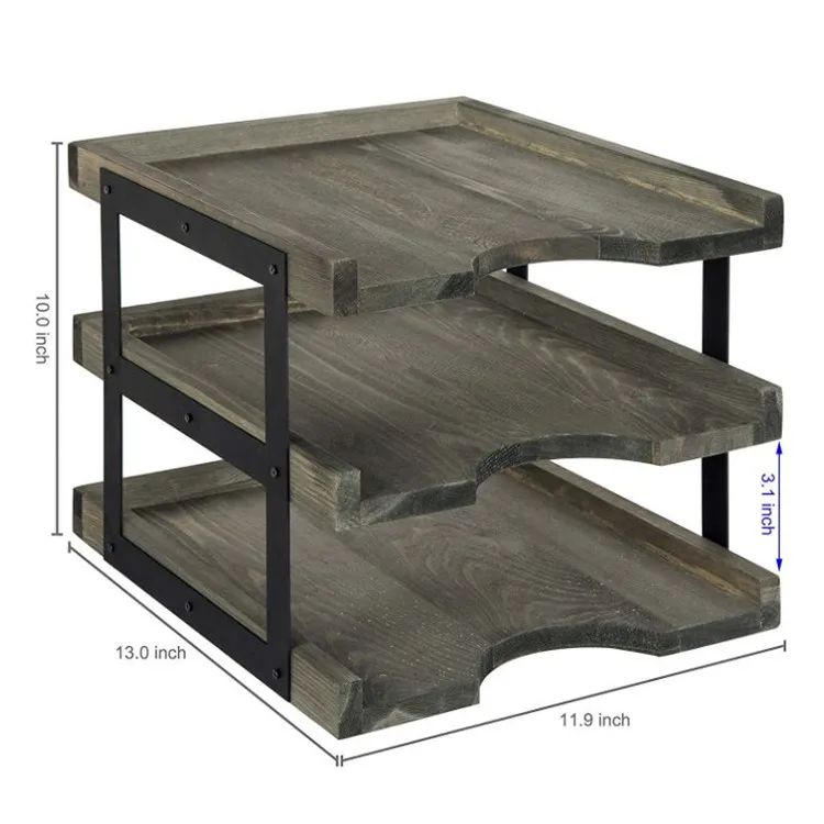 Multi purpose 3 tiers vintage gray metal document wood desk organizer