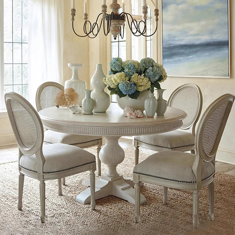 American solid wood dining table and chair combination oak retro white round table French style six people dining table custom