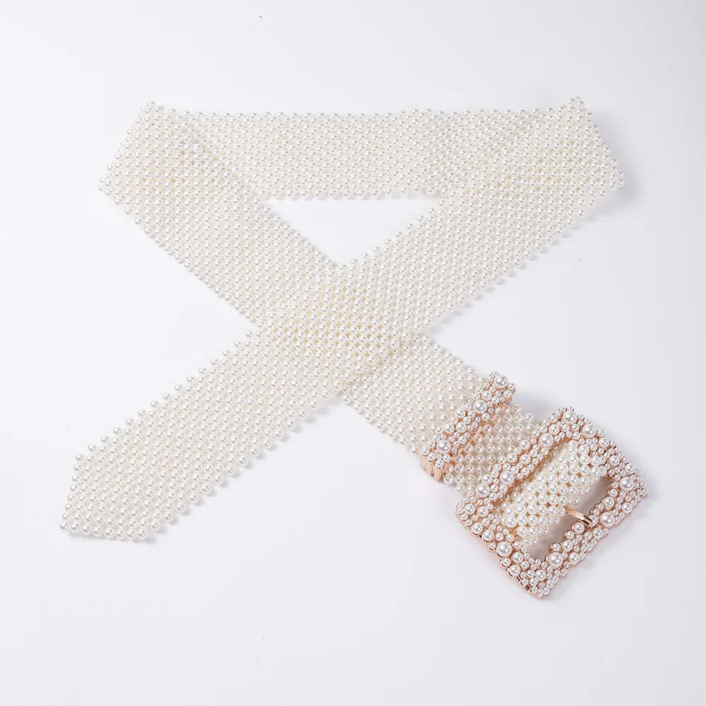 Fashion Lady Luxury Handmade White Beads Women Wide Waist Artificial Pearl Belt with Square Buckle