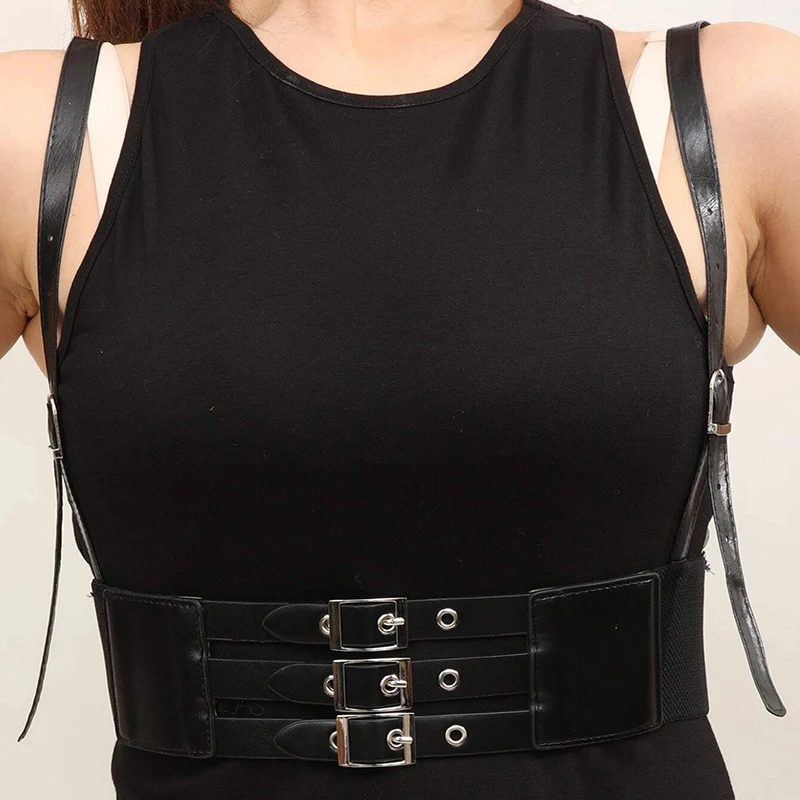 Personality Retro Women Three Layer Buckle Girdle PU Leather Harness Body Bondage Belt Shirt Dress Harness Belt