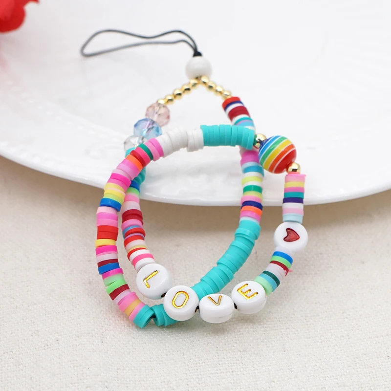 Colorful LOVE Letter Beaded Heishi Beads Polymer Clay Cell Mobile Phone Strap Chain Case Charm Holder Lanyard Bracelet Keychain