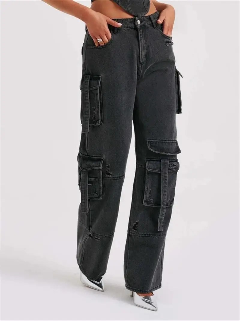American Low Waist Three-dimensional Pocket Stitching Jeans for Women in Autumn 2024 New Loose Draping Slim Pants