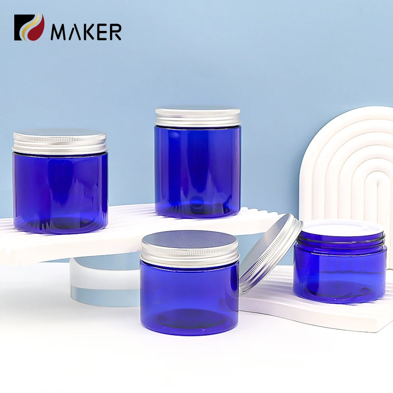 Empty PET 100ml 150ml 200ml 300ml Wide Mouth Blue Round Recycled Plastic Cosmetic Jar Box With Lid For Hair Cream Body Scrub