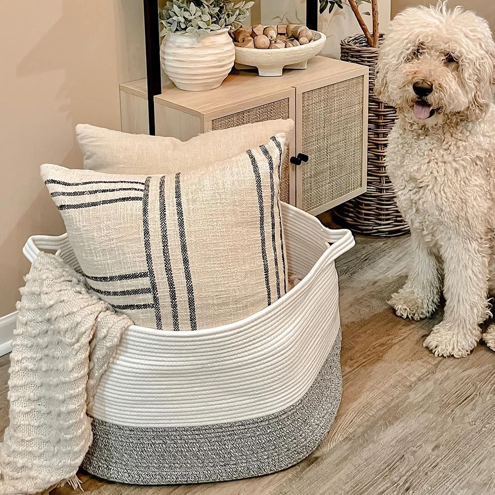 Foldable New Style Large Cotton Rope Woven Laundry Storage Basket With Long Handles