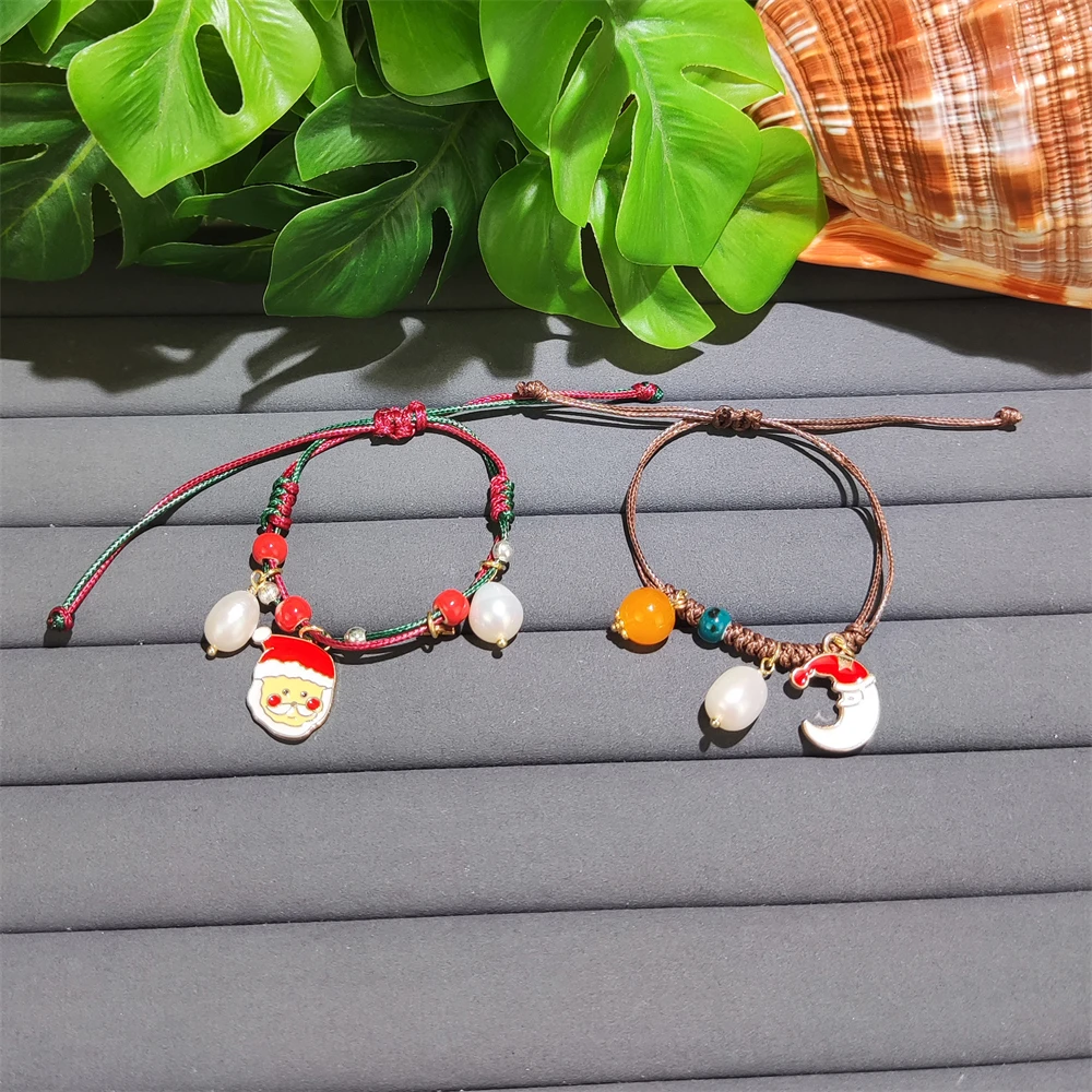 2024 Friendship Jewelry Hand Knit Rope Adjustable Braided Christmas Bracelets Ceramic Beaded Pearl Bracelets With Santa Claus