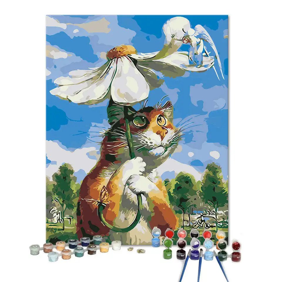 Popular personal picture custom design acrylic animal frameless DIY cartoon cat painting by numbers with tools
