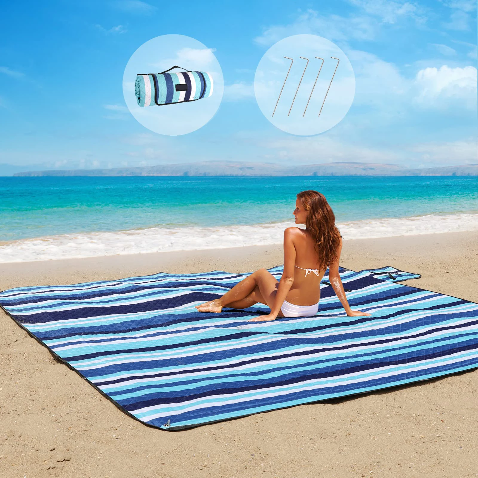 New Design stripe Printed picnic mat matsand-proof Waterproof Outdoor portable Beach Blanket With strap for family