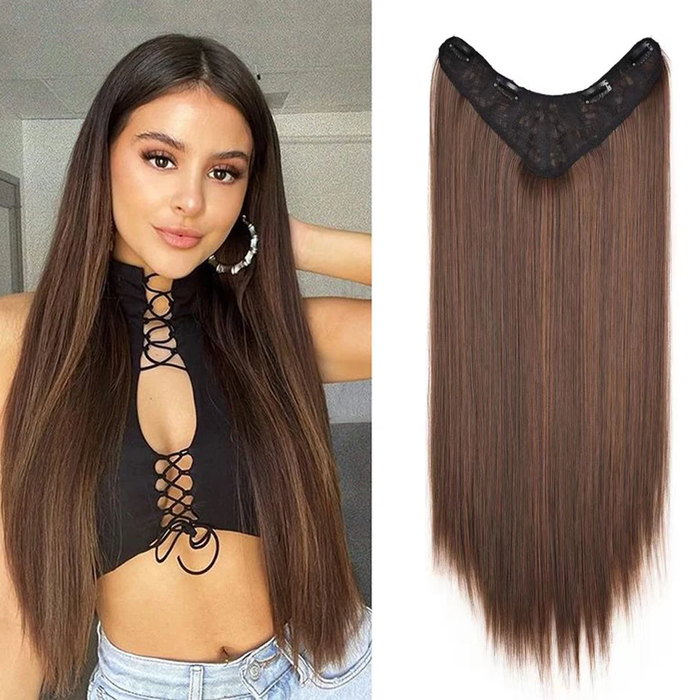 Clip in Hair Extensions brown V Shape Silky Straight synthetic Hair Clip in Extensions One Piece Hairpieces with 5 Secure Clips