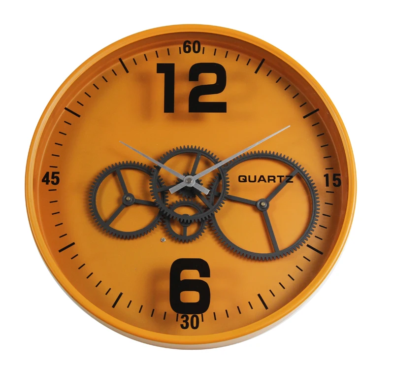 China Big Factory Good Price COG wall clock latest model metal moving gear creatives orange