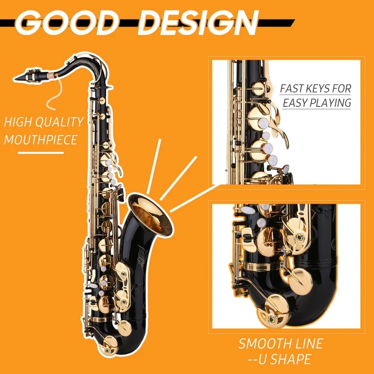 Muslady B-flat Tenor Saxophone Bb Black Lacquer Sax with Instrument Case Mouthpiece Reed Neck Strap Cleaning Cloth Brush