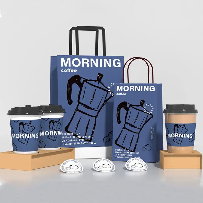 Custom Printed Recyclable Wholesale Kraft Paper Bag Coffee Cup Set Takeaway Food Packaging Paper Cups Paper Bags with Handle