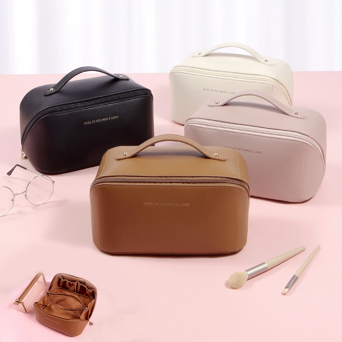 New Makeup Bag Convenient Travel Waterproof PU Leather Easy Carry Large Capacity Cosmetic Bags Two Piece Set