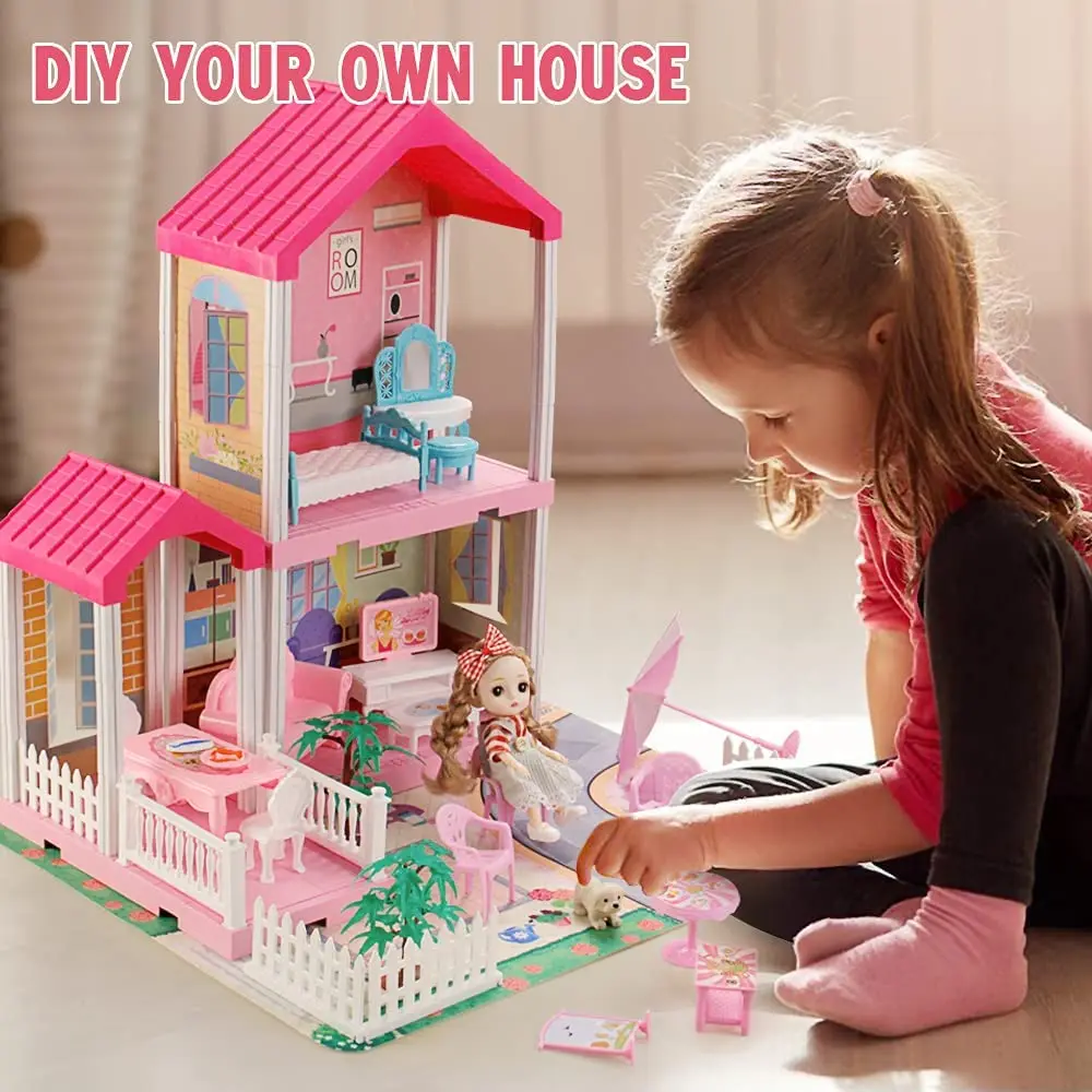 Girls Miniature Dollhouses DIY Funny Child Pretend Play Plastic Doll Houses Toys Indoor Playing with Accessories Furniture