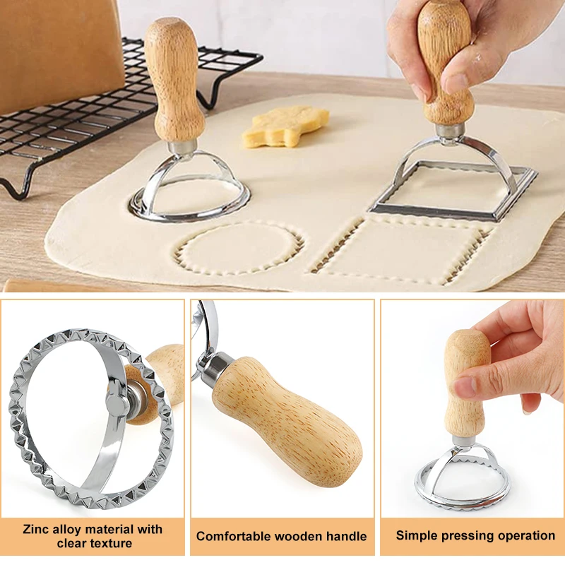 Cake Tools 8 PCS Wood Handle Zinc Alloy Cookie Cutter Embosser Fondant Press Mold