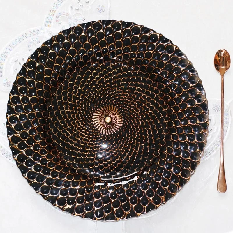 13Inch Tableware Wedding Decoration Glass Under Plates Catering Event Peacock Glass Charger Plate