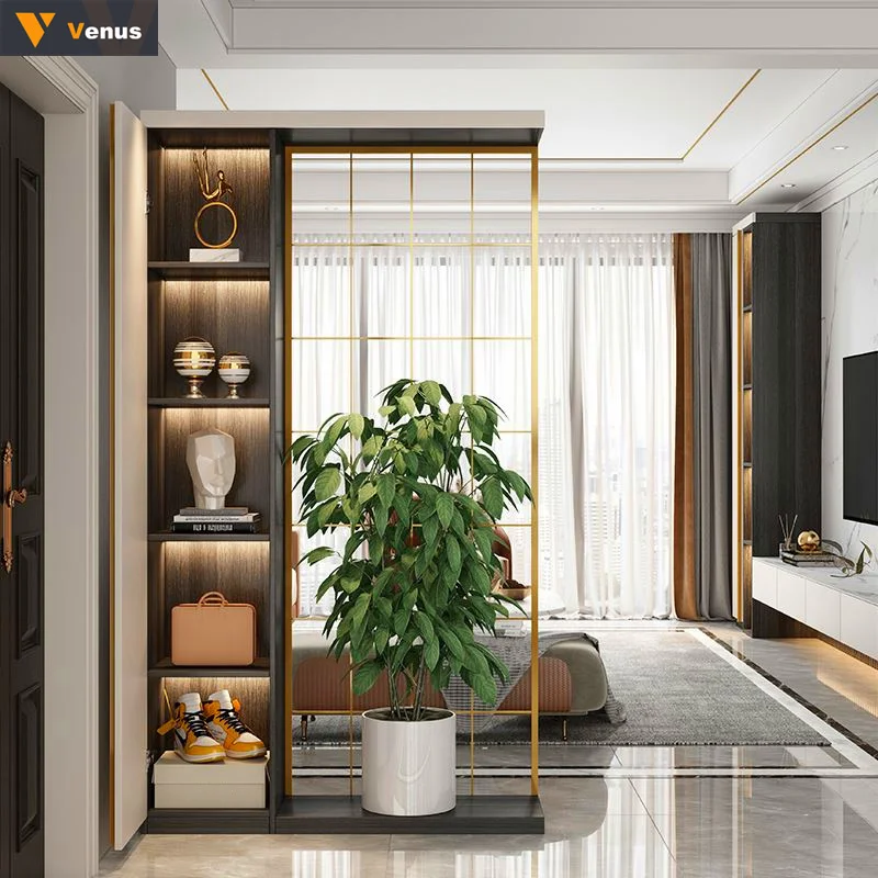 Modern simple entrance cabinet with led partition light luxury wrought iron porch cabinet hollow space hall cabinet