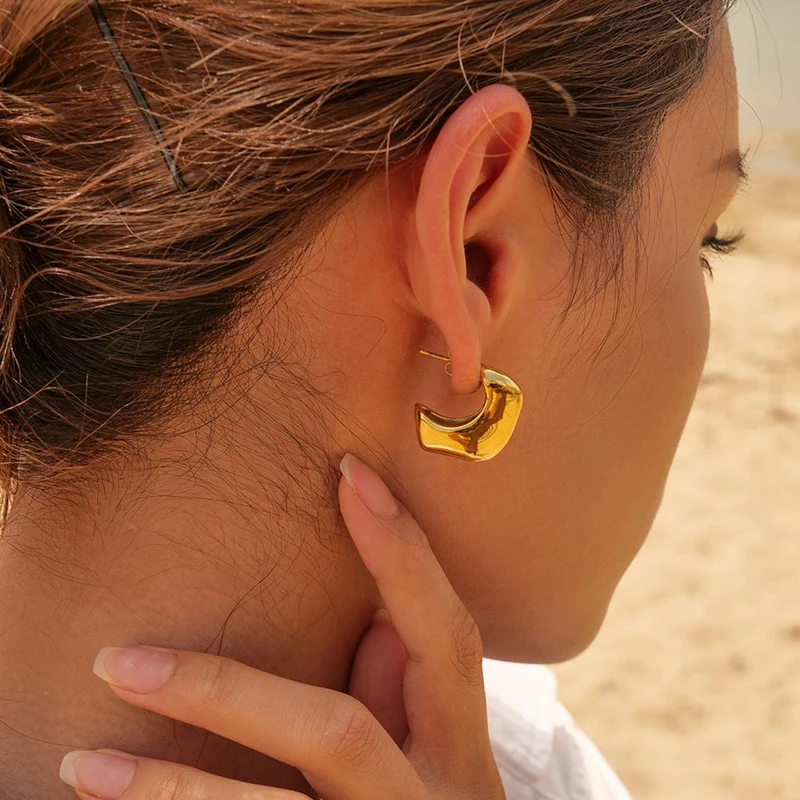 Luxury Stainless Steel Handmade Earrings Jewelry Women 18K Gold Plated Hollow Irregular CC Earrings