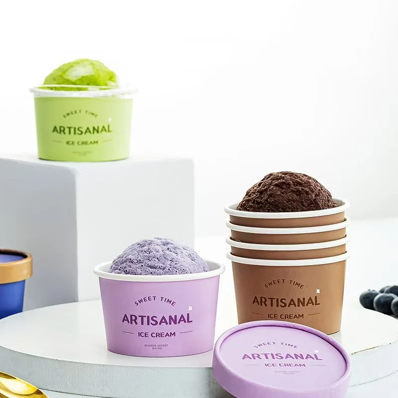 Eco-Friendly Double Wall Plastic Cup Gold Foil Embossed Lid Degradable Wood Pulp Takeaway Ice Cream Offering Party Stamp Print