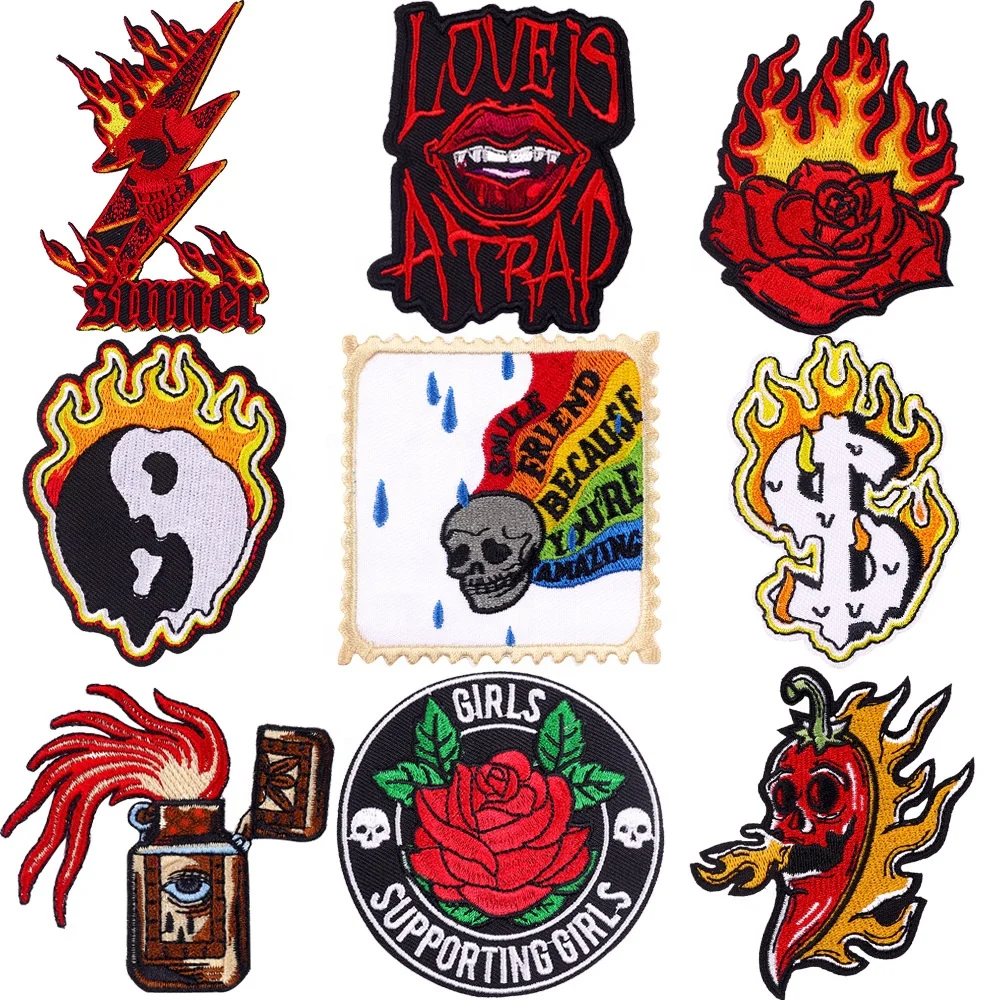 Shenglan New Flame Rose Embroidery Carton Patch Embroidery DIY Clothing Accessories Skull Fuzzy Patches for Clothing T-Shirt