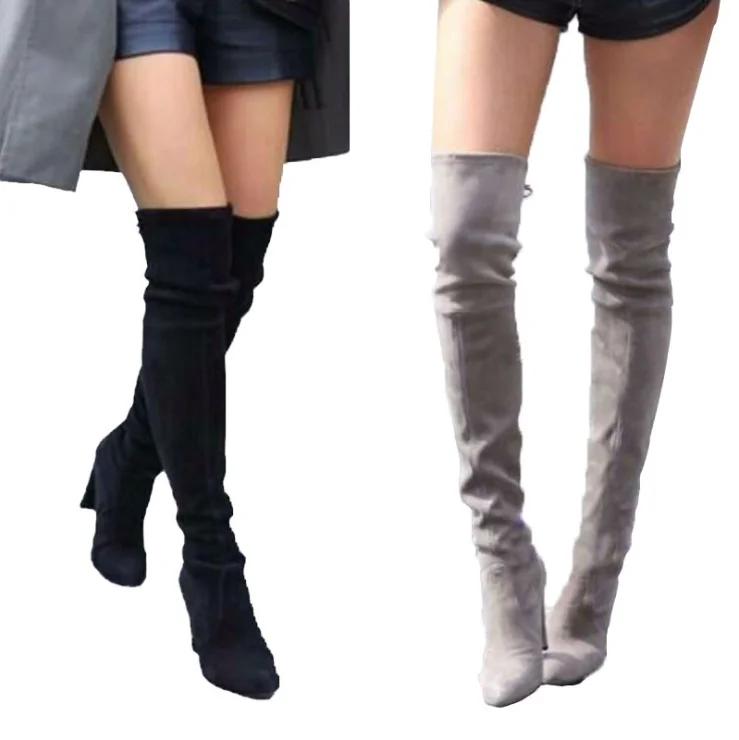 Round toe Women Faux Suede Thigh High Boots Block Thick Heel Over The Knee Boots