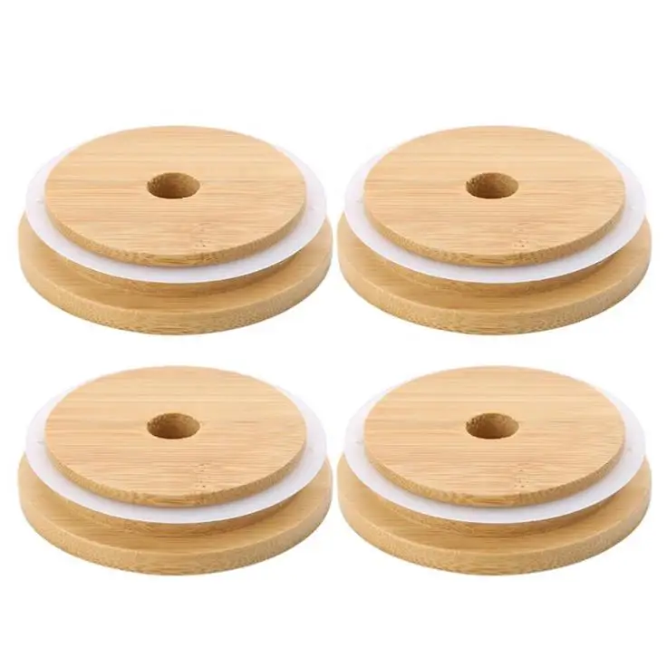 Bamboo Mason Jars Lids 70mm 88mm Wide Mouth Mason Jars with Drinking Straw Hole Mason Jars Lid