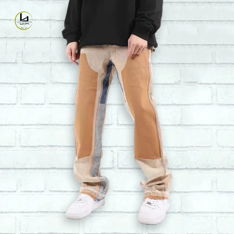 Men 2022 FW collection stacked jeans straight leg loose fit sand wash canvas jeans pants