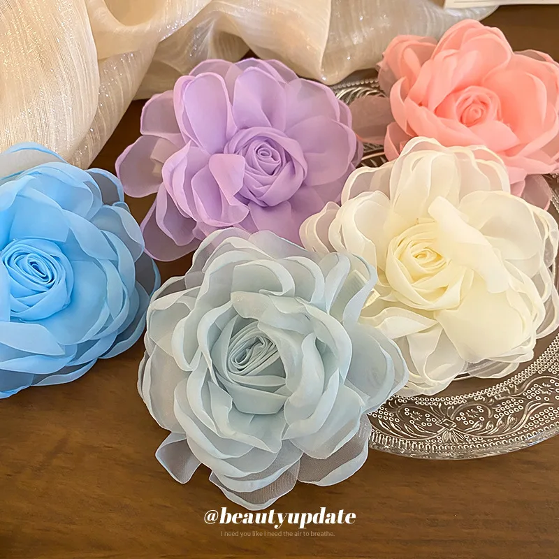 Elegance Sweet Gauze Flower Hair Claw French Large Floral Duckbill Clip Hairpin Crab Hawaiian Flower