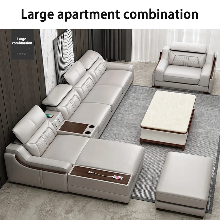 Modern simple living room leather sofa Villa Apartment high-end furniture multi-functional corner with audio +USB charging sofa