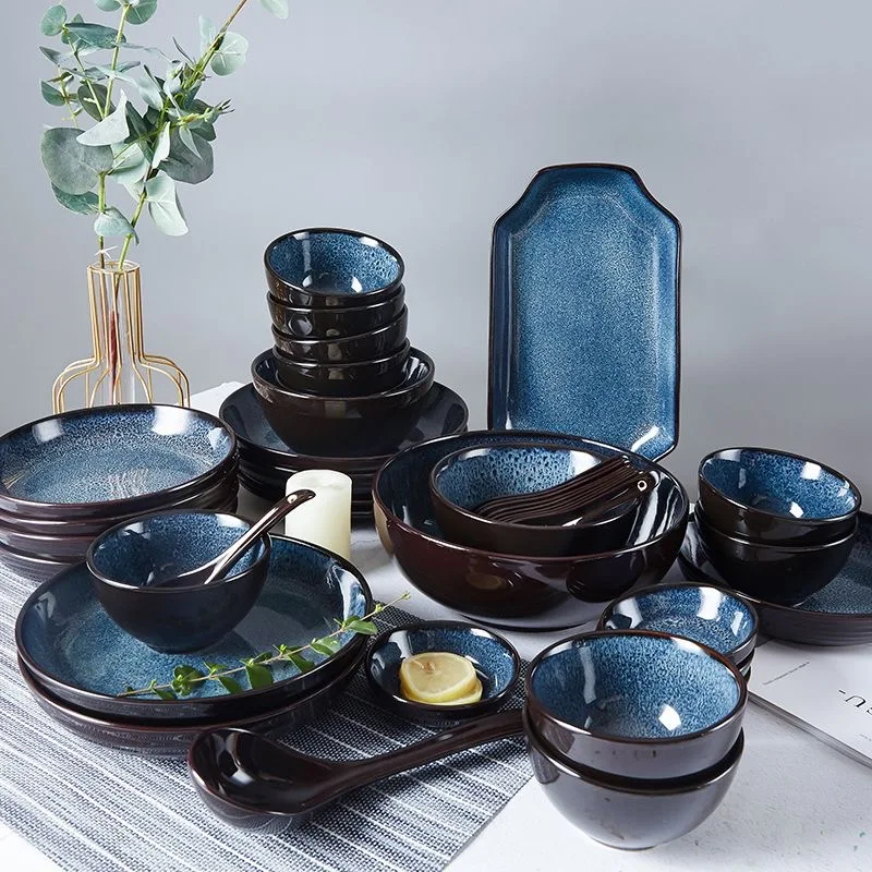 Blue porcelain dinnerware set wholesale Nordic Style Europe luxury fine Dishes & Plates restaurant plates sets dinnerware