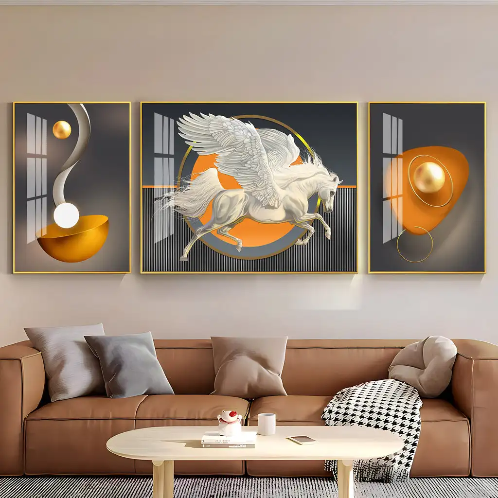 High Quality Asian Style Landscape 3 Panel Painting Golden Still life Crystal Porcelain Painting Living Room Decor