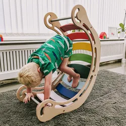 Xiair Kids Wooden Rocking Boat Board Toddler Educational Montessori Waldorf Rainbow Rocker Board