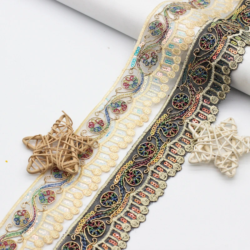 Vintage National Style Embroidery Gold Lace Ribbon Polyester Trim for Sewing DIY Decorative Crafts