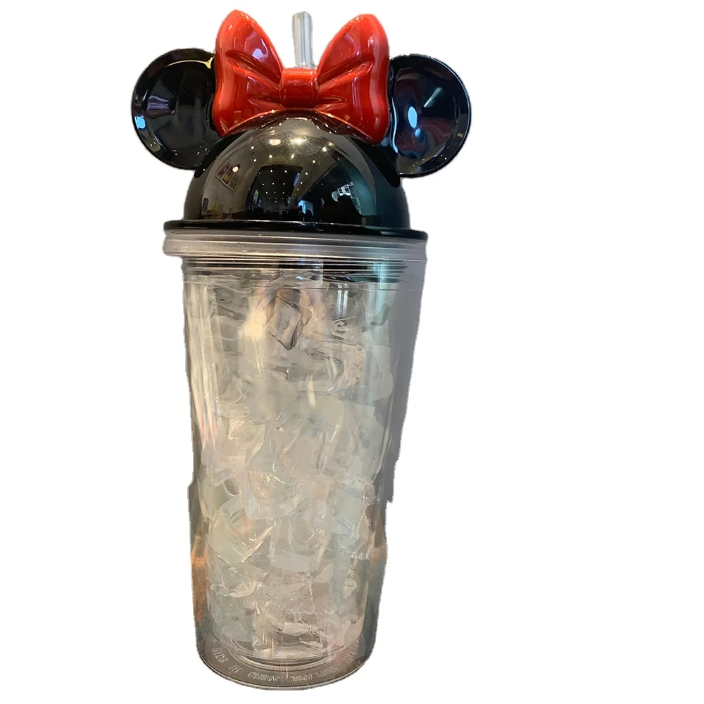 16oz Double Wall Plastic Tumbler Couples Cups With Minnie Mouse Ear Shape Lid And Straws Portable Water Cups