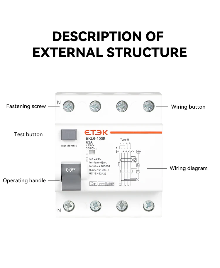 ETEK EKL6-100B Type B 3P+N 40A 30mA Type Class B RCCB RCD with TUV Rheinland CB CE certified
