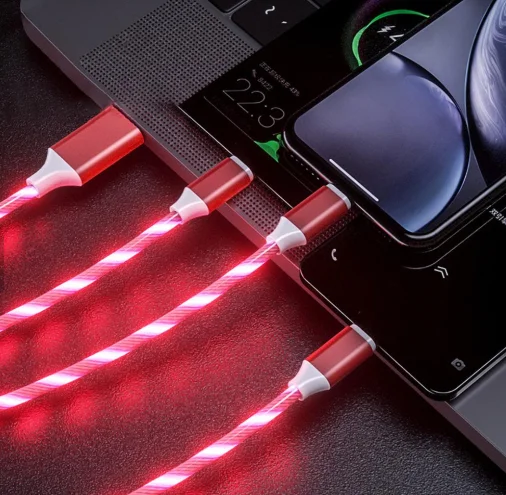 
2020 hot products factory wholesale led light usb cable flowing light 3in1 usb cable glowing luminous 3 in 1 charging usb cable 