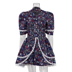 Casual Dresses Ladies Halter Buttoned Layered Lace Stitching Half Sleeve High Waist Corset Floral Printed Women Mini Short Dress