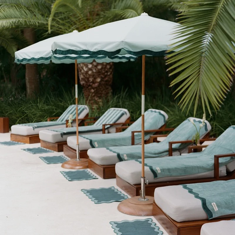 Custom 7.5ft Luxury Vintage Heavy Duty Wind Resistant Wood Pole Patio Parasol Outdoor Pool Side Beach Amalfi Umbrella with Trim