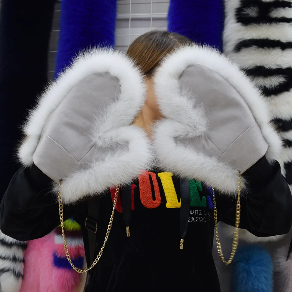 MWFur Unisex Fox Fur Mittens Suede Leather Fox Fur Gloves For Winter Fashion Fashion Luxury Winter Hand Warmer Cut Gloves