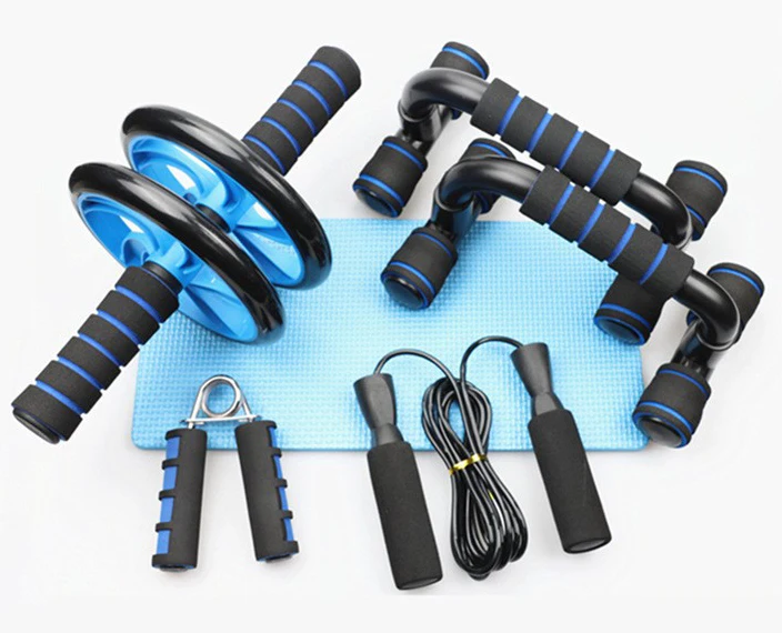 4 in 1 AB Wheel Roller Kit with Push UP Bar Hand Griper Jump Rope 8 Shape Resistance Loop and Knee Pad for Home Exercise