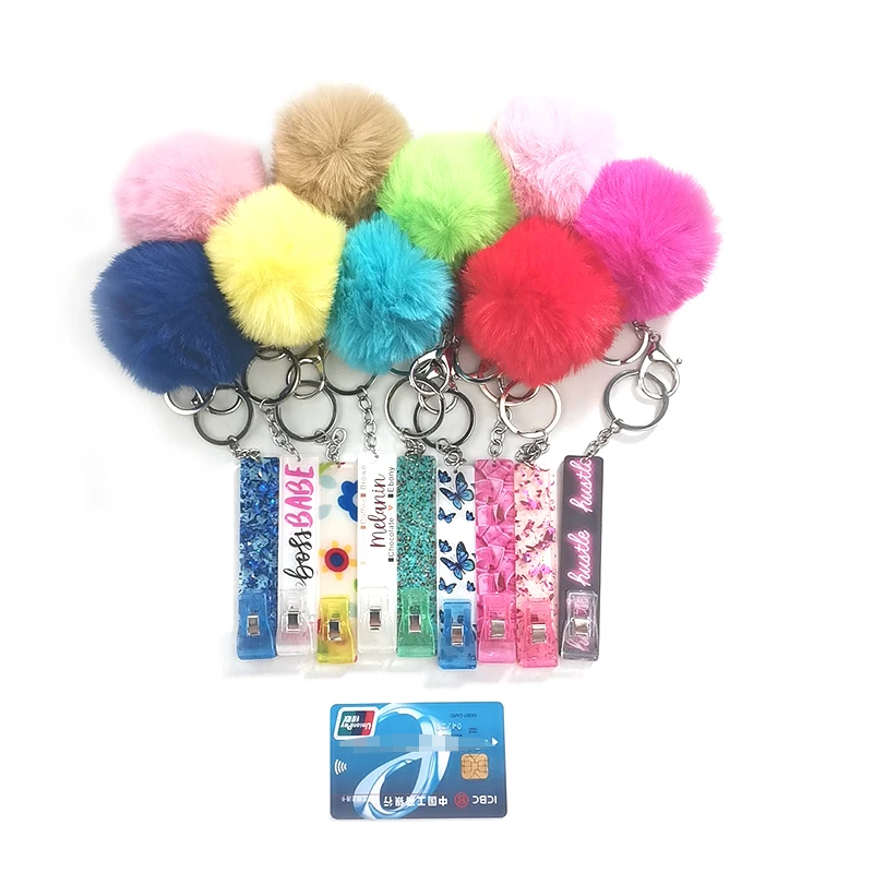 Hot Selling ATM Card Holder Puller Key Chain Acrylic Custom Credit Card Grabber With Pompom Ball For Long Nails