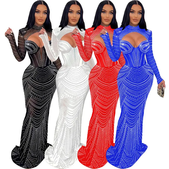 W0262-Sexy club clothes for lady elegant evening sexy mesh rhinestone long sleeve dress