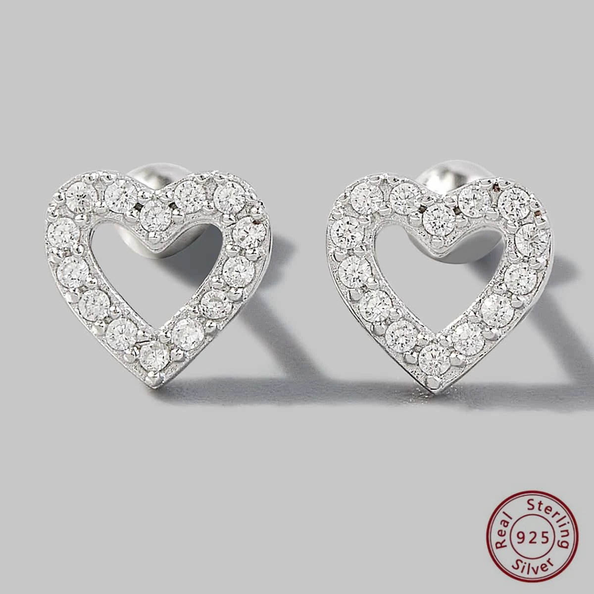 New Iced Out Bling 925 Sterling Silver Hollow Heart Stud Earrings CZ Micro Paved Screw Back Earrings For Women