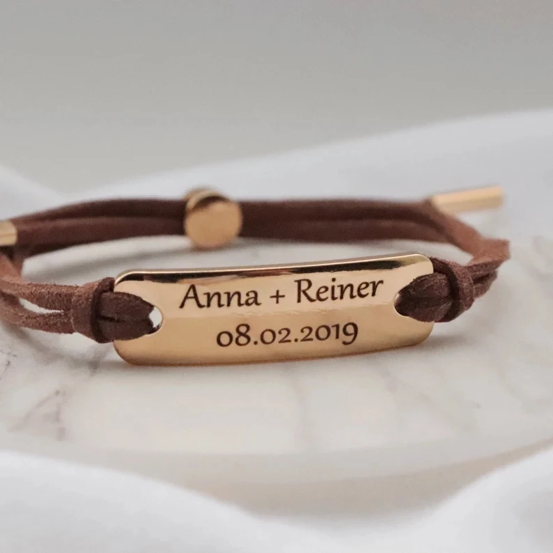 Fashion Stainless steel Jewelry Couples Cord Leather Bracelet Personalized Custom Text Name Friendship Bracelets For Lover