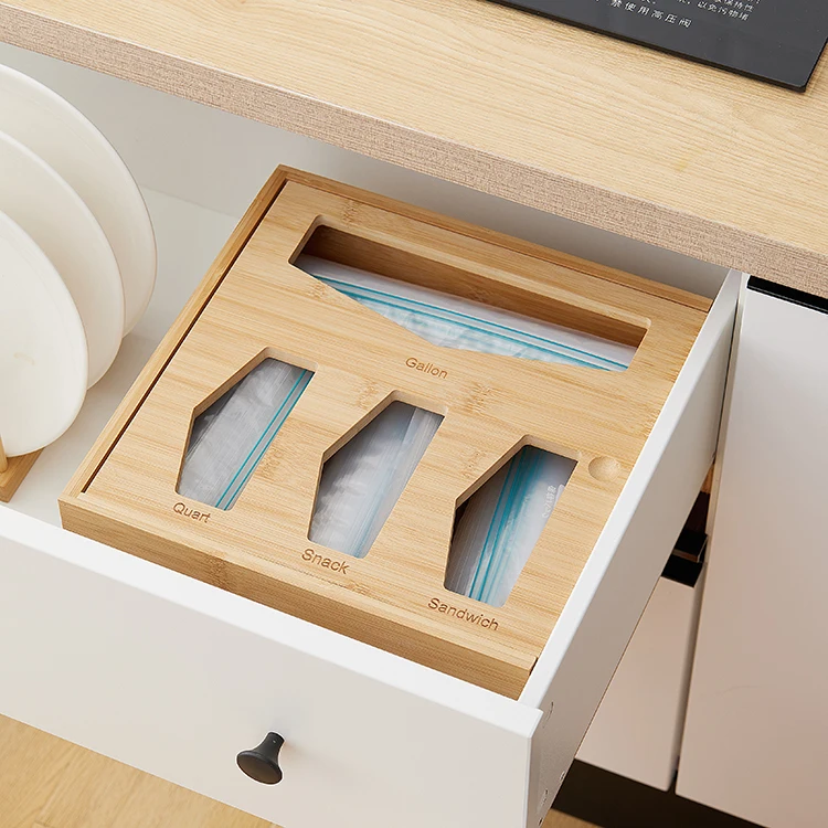 Premium Drawer Organizer for Food Storage Bag Bamboo Sandwich Ziplock Bag Organizer Storage Box