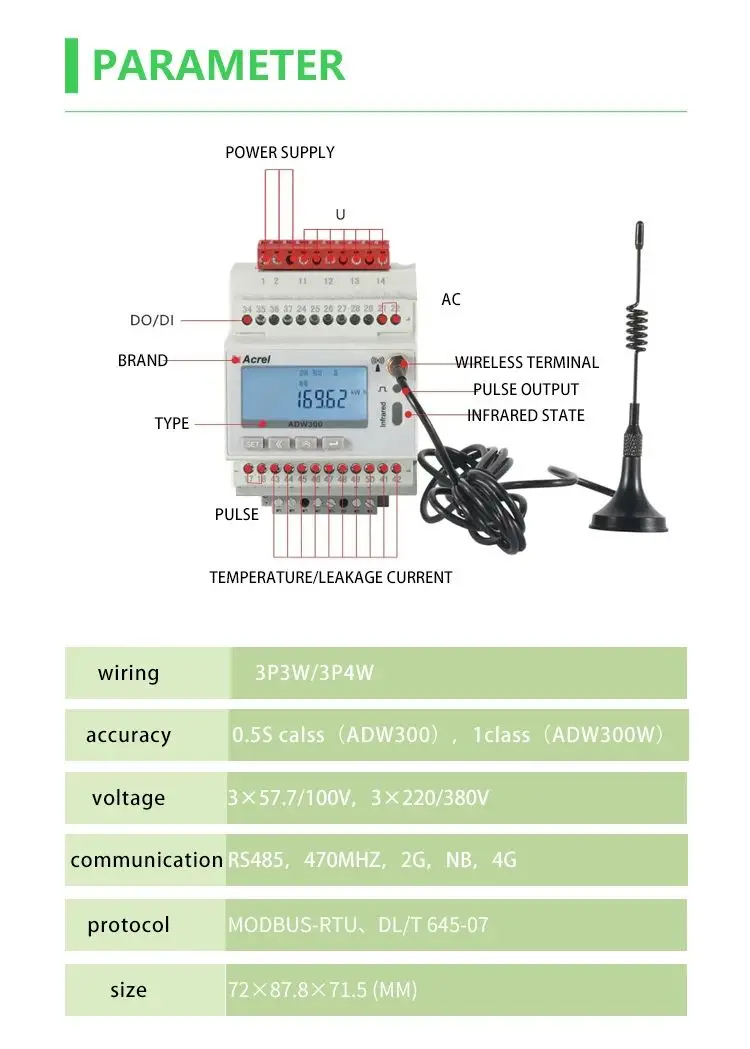 Acrel ADW300-4G GSM IoT Based 4G Smart Electricity Energy Meter 3 Phase MQTT