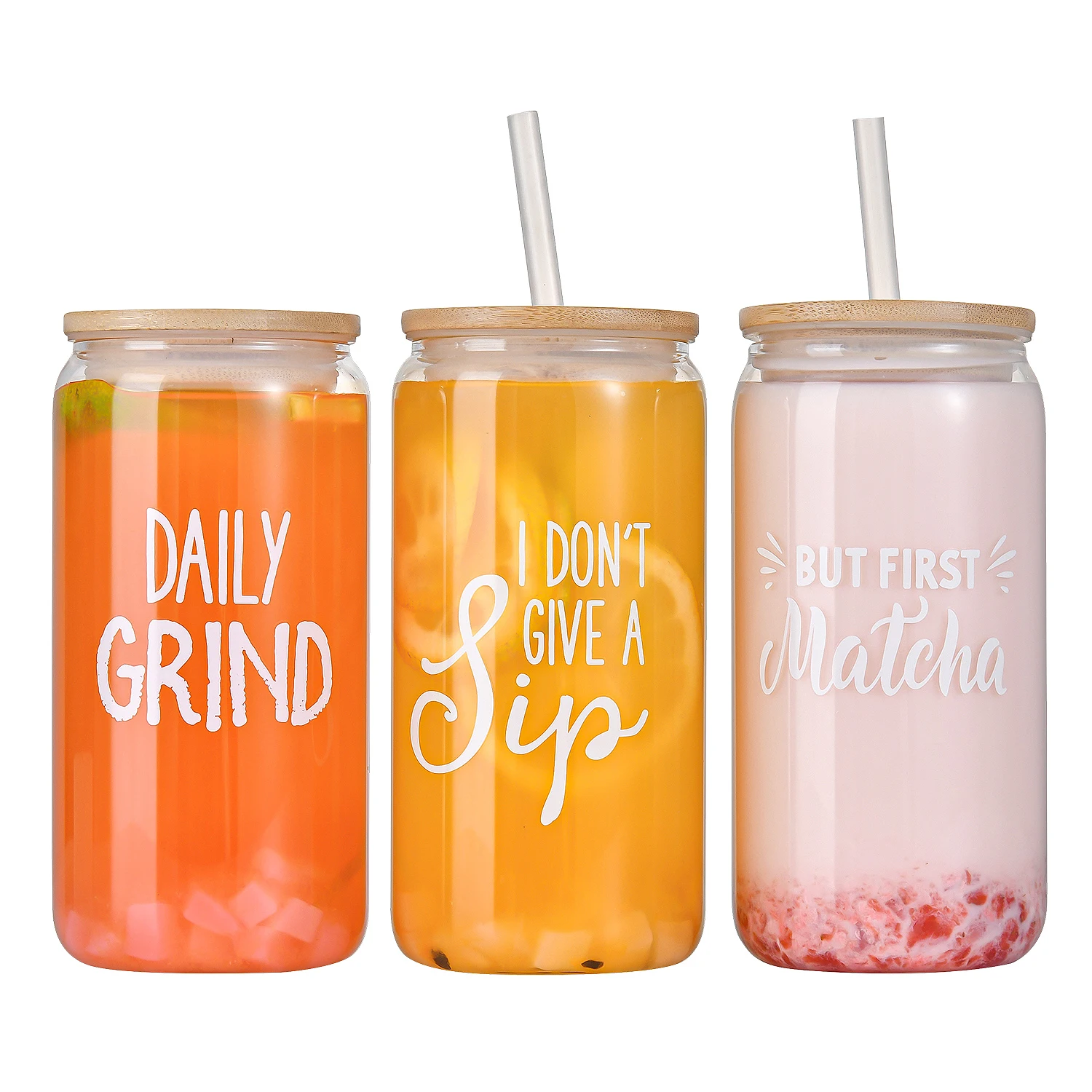 Manufacturer Custom Wholesale 16oz 500ml Can Borosilicate Glass Cup With Bamboo Lid And Straw
